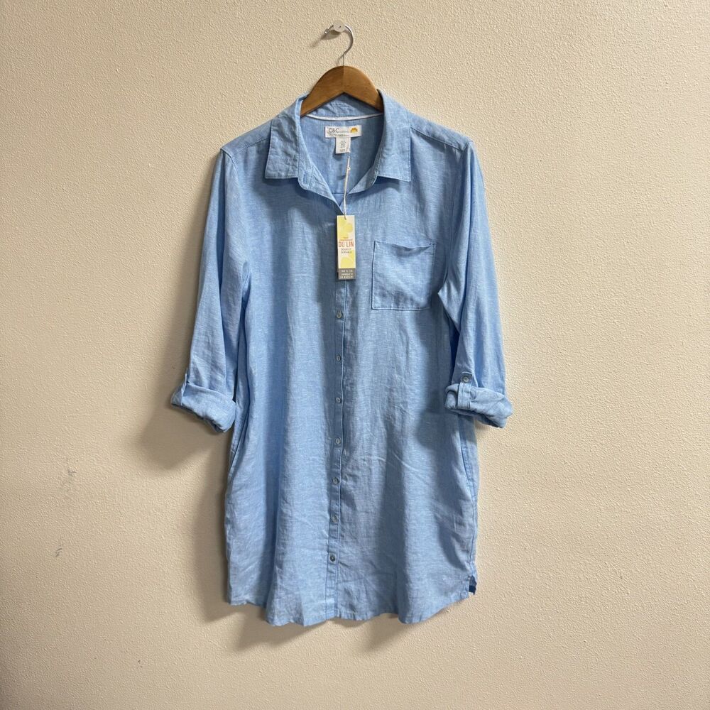 C&C California 100% Linen Blue Shirt Dress Tunic NWT XL